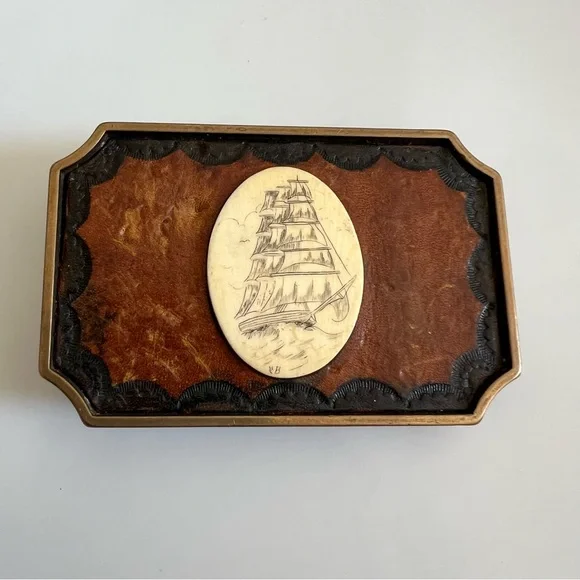 BRASS LEATHER BONE Pirate Ship Belt Buckle Vintage - Picture 3 of 3